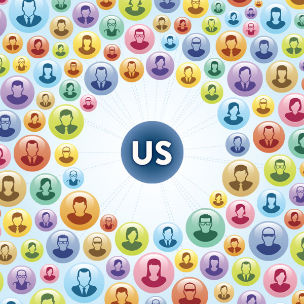 Illustration with center circle with the word "Us" in it surrounded by people