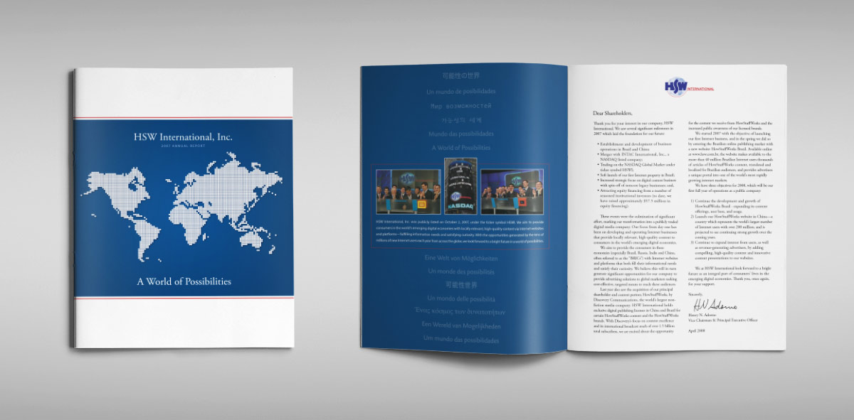 Topographic view of annual report cover and opening spread for HSW International