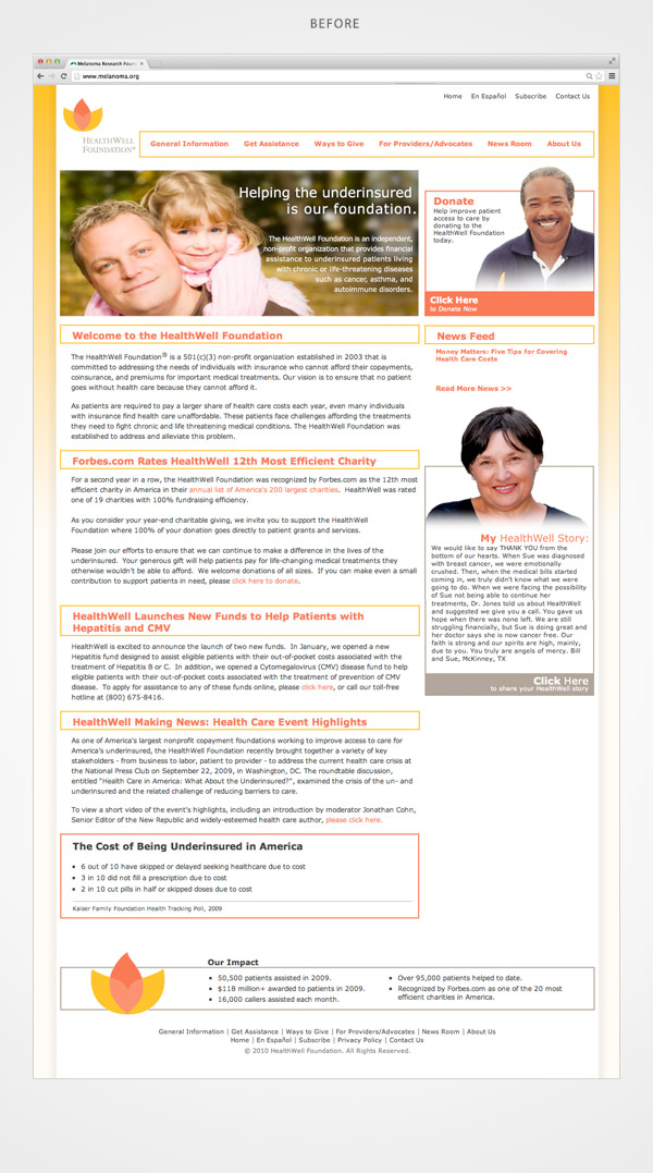 Screen shot showing an old website design for the HealthWell Foundation