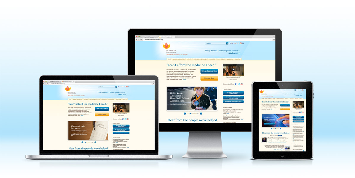 Desktop, laptop, and tablet showing responsive design of HealthWell Foundation website