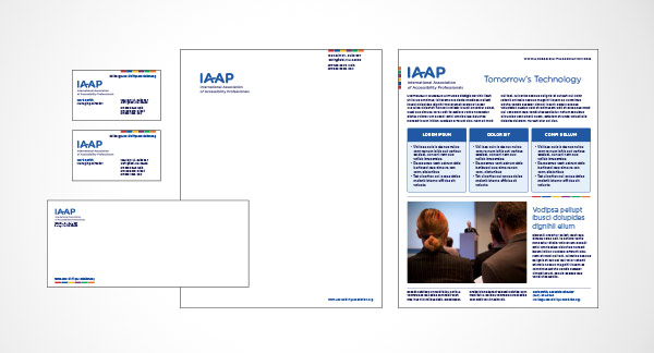Stationery view for IAAP showing business card, envelope, letterhead, and fact sheet