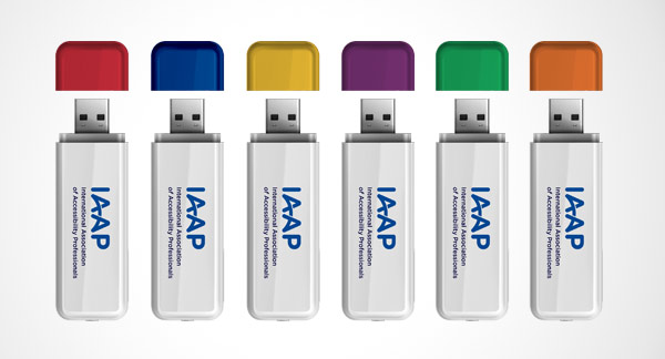 Six USB drives with IAAP logo and brand colors used