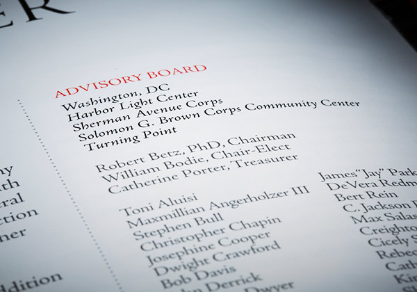 Close up view of the Advisory Board of the Salvation Army