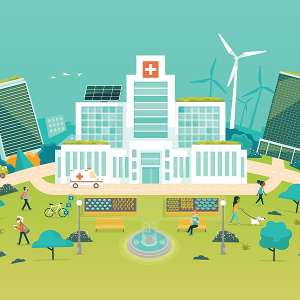 Illustration showing a hospital with solar panels, food garden, windmill, and people playing in a park.