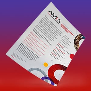 One page fact sheet for AMIA showing their new brand style we designed for them.