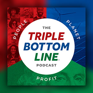Podcast logo for the Triple Bottom Line with imagery for people, planet, and profit.