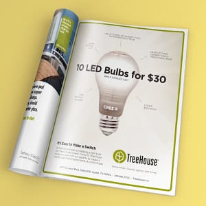 Print ad in a magazine for Treehouse, showing a LED light bulb.
