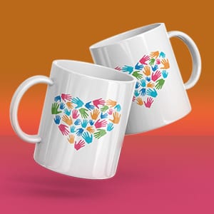 Two coffee mugs floating in the air with the Little Essentials logo on them.